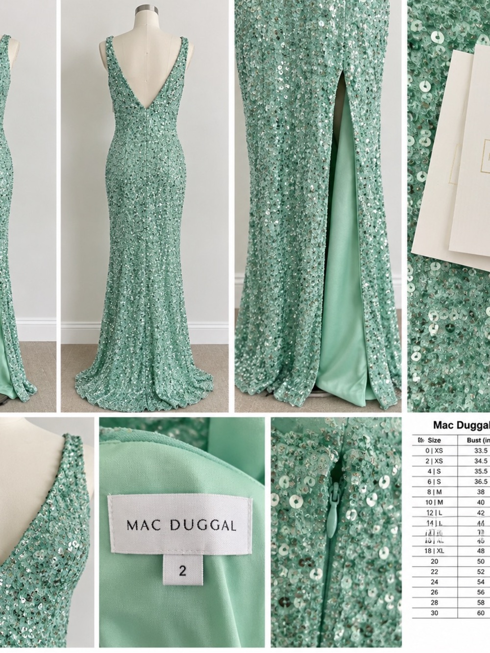 MAC DUGGAL Dress Size 2 Evening Gown Sequin Seafoam Green NEW Slit V Neck